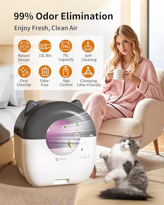 Hands-Free Cat Litter Box: 76L Large Capacity, App-Controlled & Low Noise for Multi-Cat Homes