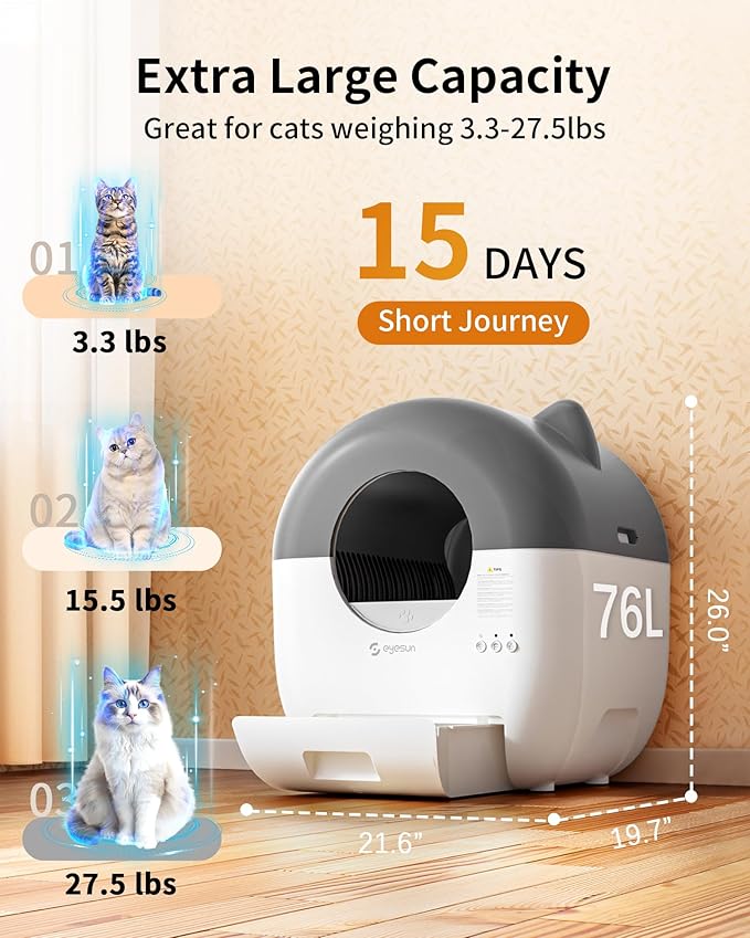 Hands-Free Cat Litter Box: 76L Large Capacity, App-Controlled & Low Noise for Multi-Cat Homes