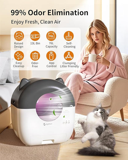 Hands-Free Cat Litter Box: 76L Large Capacity, App-Controlled & Low Noise for Multi-Cat Homes